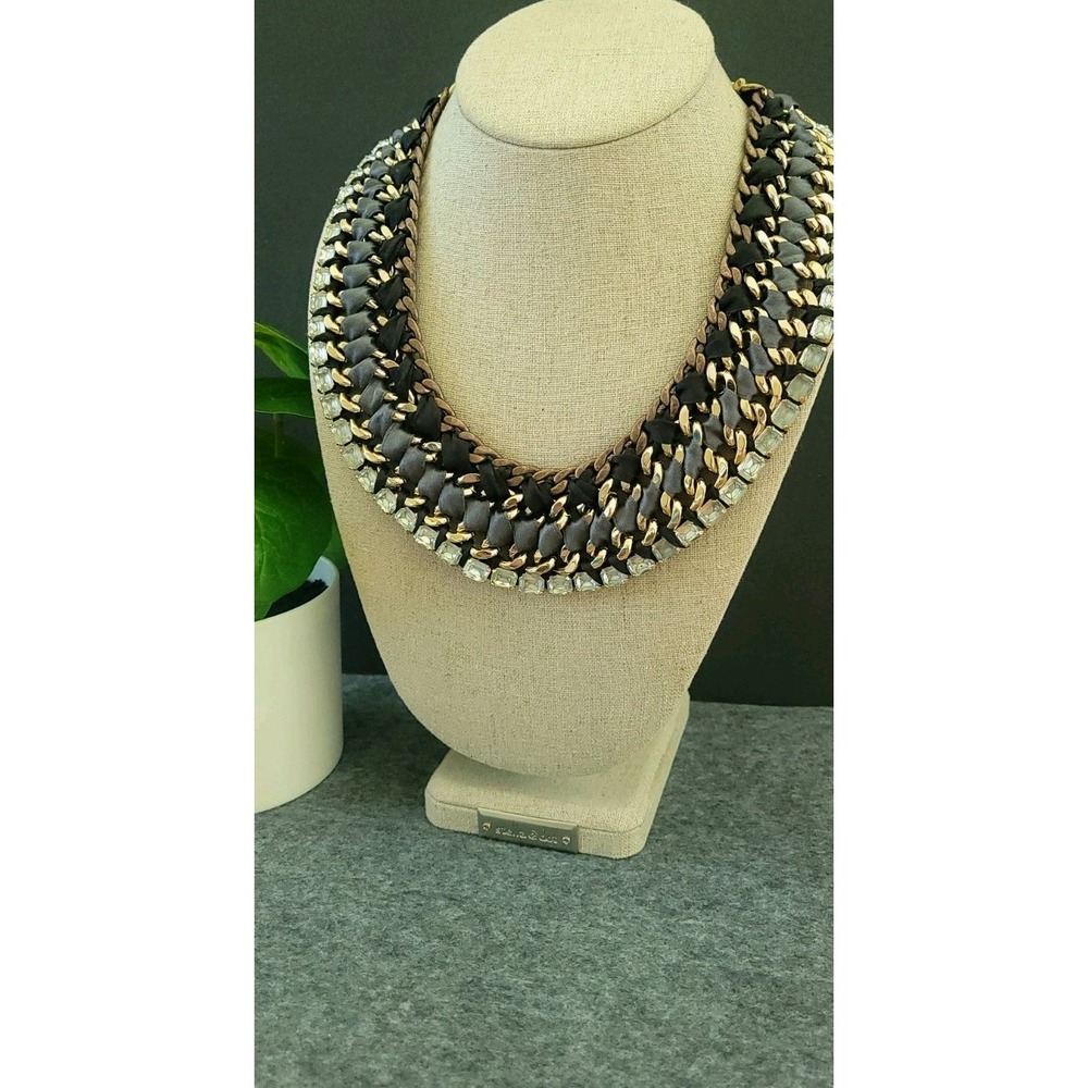 Black Ribbon Stella Dot Chain Rhinestone Bib Statement Necklace 18in 1.5in Wide